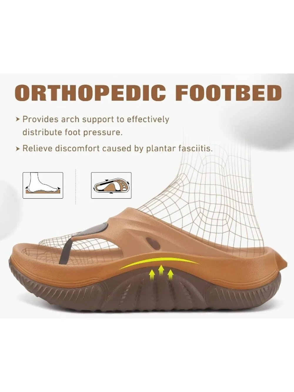 Men's Khaki And Brown Orthopedic Footbed Flip Flops Fabric Open Toe Sandal Shoes